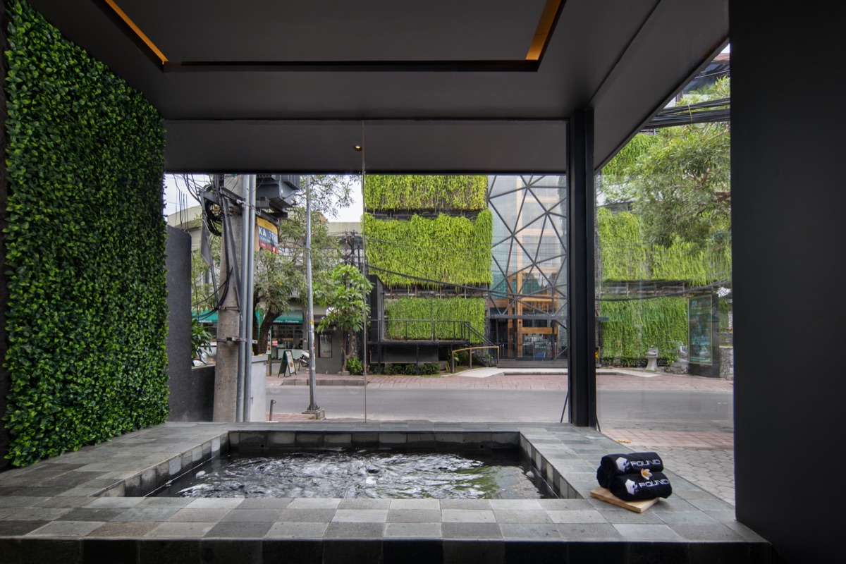 Ice-filled plunge bath beside a green living wall overlooking the street at Found Wellness
